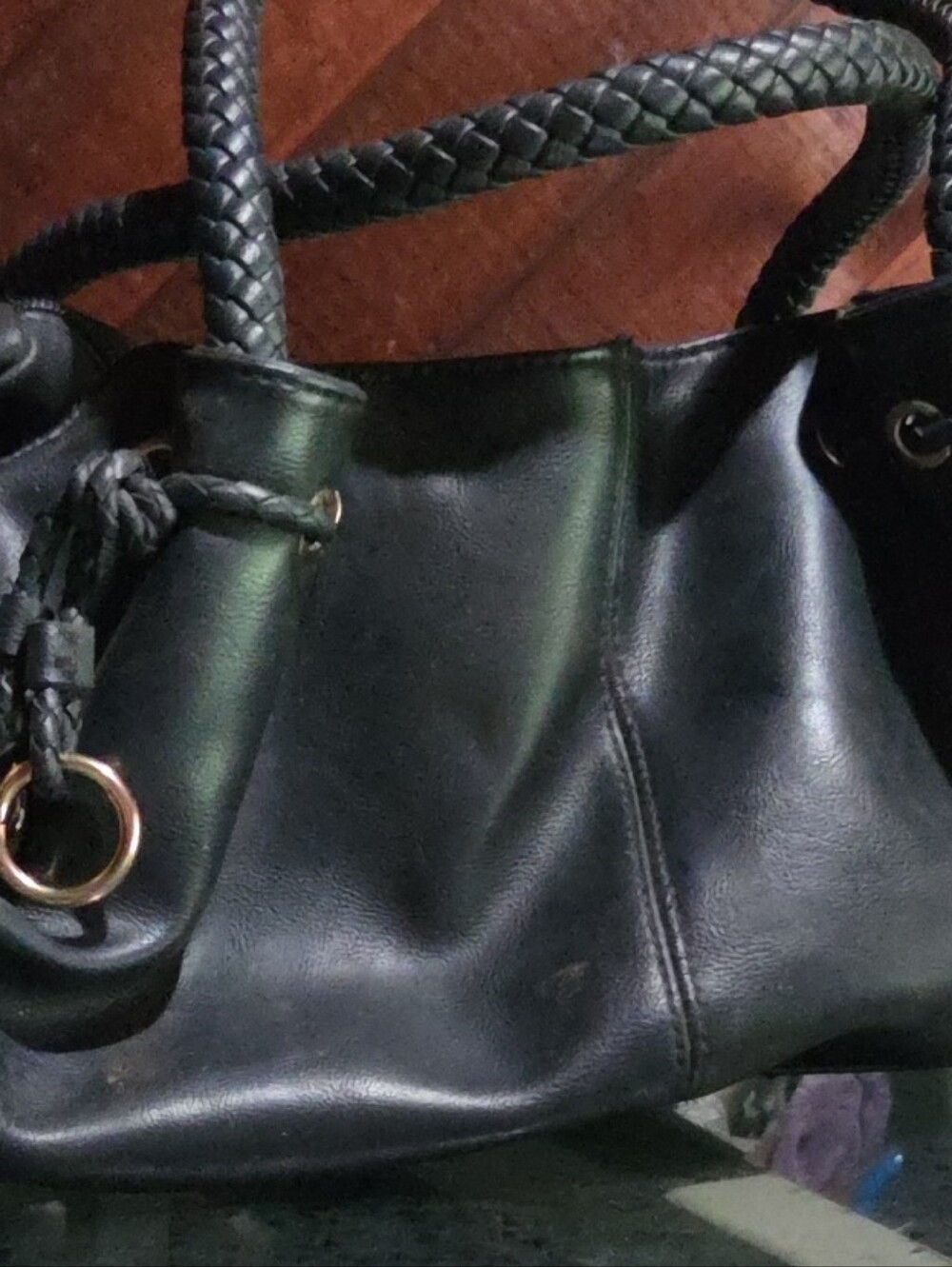 Cato Black Braided-Handle Shoulder Bag with Gold Rings
